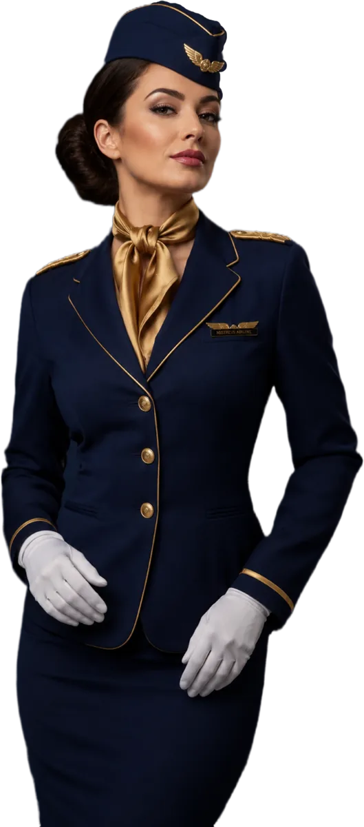 Flugbegleiterin von Mistress Airline in Navy-Uniform mit goldenem Halstuch